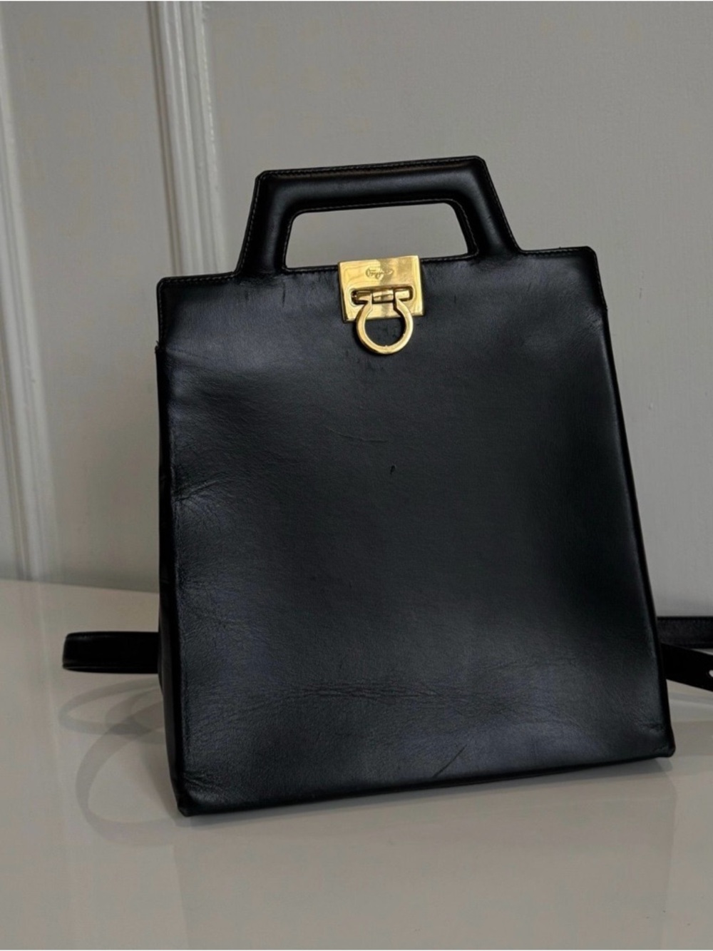 Vintage Salvatore Ferragamo Black Bag /backpack with Gold Hardware